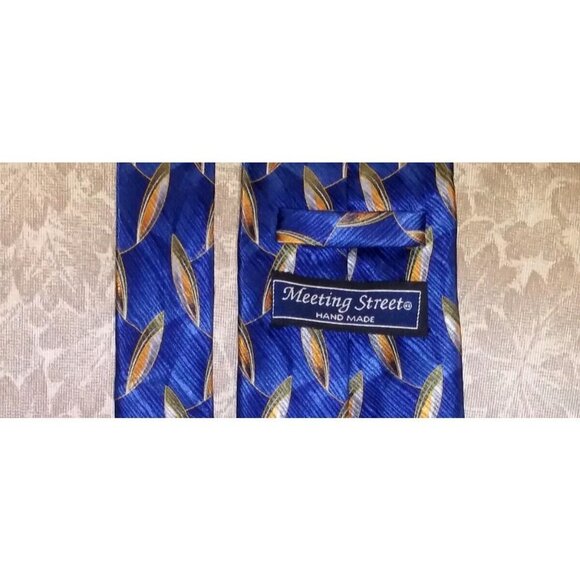 Mens Silk Tie Blue Geometric print Meeting Street Men's Necktie HANDMADE EUC - Picture 6 of 7